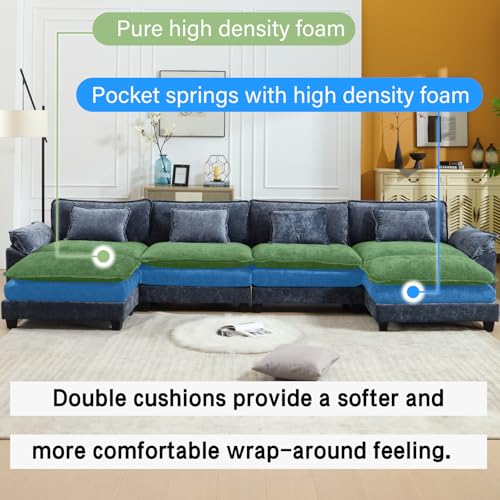 Image of Oprisen 154 inch Modular Sectional Sofa, Comfy Cloud Couch Sectional Sofa with Ottoman, Chenille Sofa Sleeper Deep Seat Sofa with Throw Pillows for Living Room (Blue, 154 inch- U Shape)