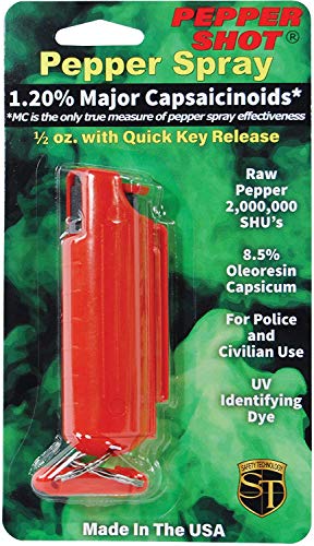 Pepper Shot 1.2% MC 1/2 oz pepper spray leatherette holster and quick release keychain black