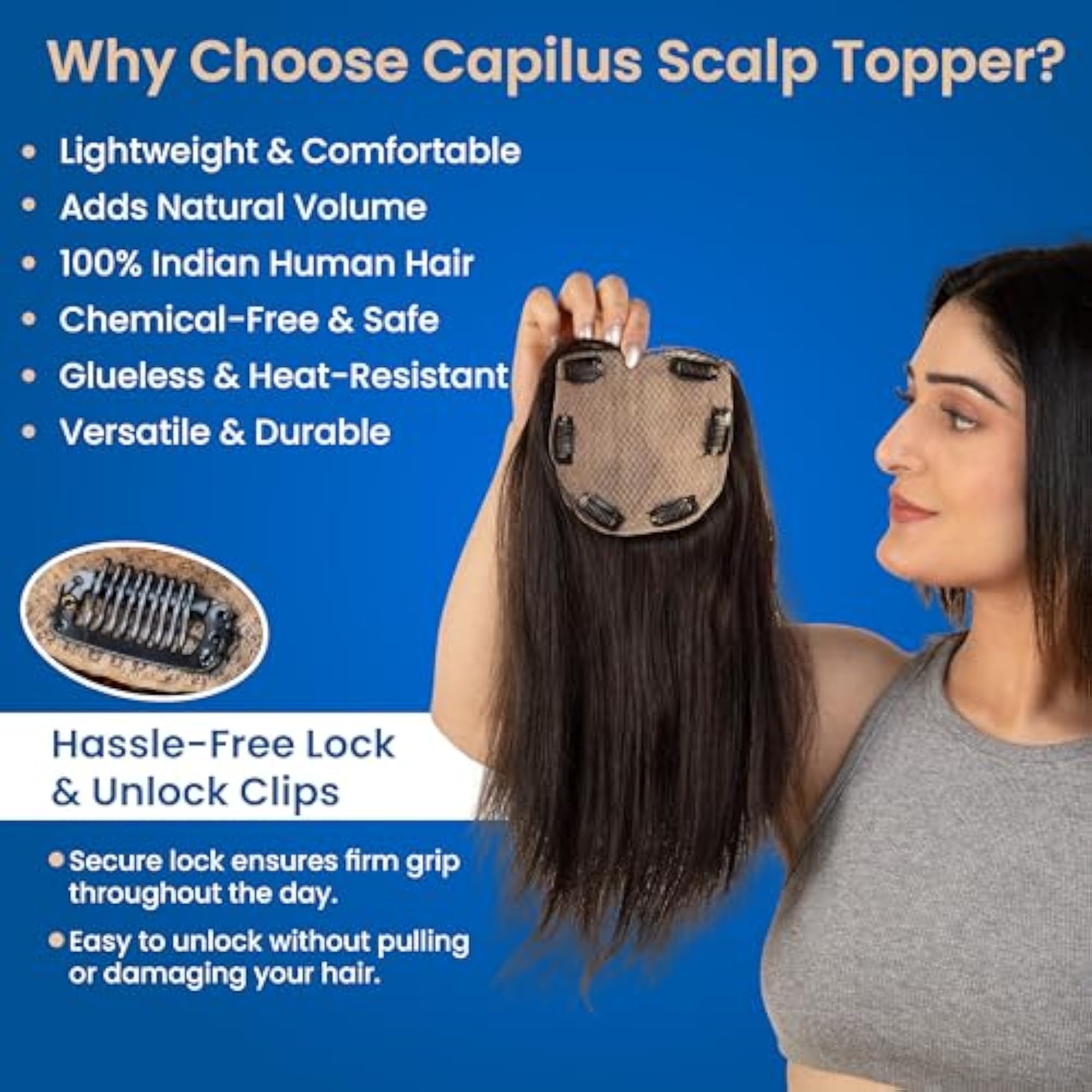 Human Hair Clip in Scalp Topper, Silk Based 5"x5" 22 Inches