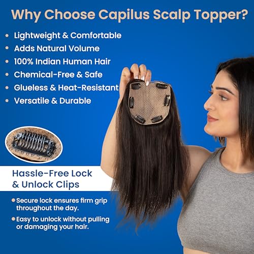 Image of Capilus 100% Human Hair Extensions for Women, Clip in Scalp Topper /Hair Topper, Silk Based- (5 inchx5 inch, 22 Inches, Natural Black)