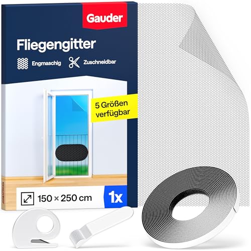 GAUDER Fliegengitter für bodentiefe Fenster - Insektenschutz ohne Bohren - Fliegengitter mit Klettband - Fliegennetz aus Polyester - Mückennetz & Moskitonetz für Fenster & Tür (150 x 250 cm - schwarz)