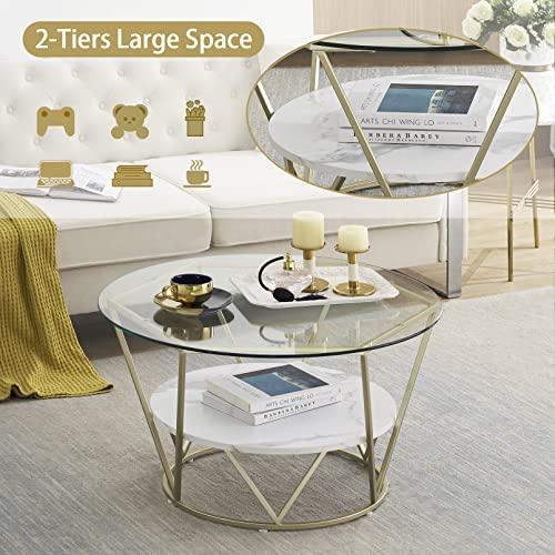 Hitsuki Round Glass Coffee Table Gold Faux White Marble Coffe Tables For Living Room Mid Century Modern Center Table With Storage, Glass Top Gold Metal Frame And Marble Veneer Shelf Tea Table #TOP3