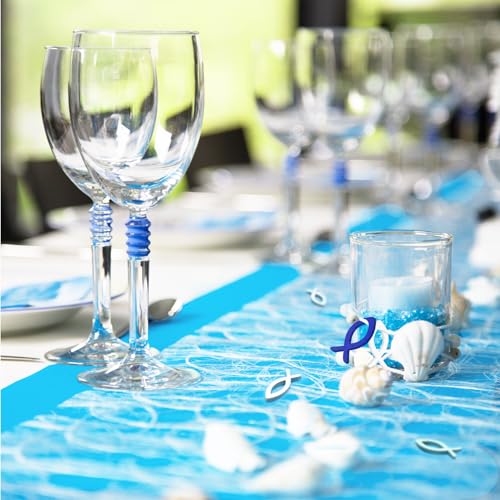 VOPIWOZ 30cm x 10m dekoratives Tischband, Vlies Tischläufer Blau, Tischläufer Frühling, Enthält 45 Holzfische Kommunion Deko, Taufe Deko Junge und Mädchen, Tischläufer Moderne für Konfirmation Deko