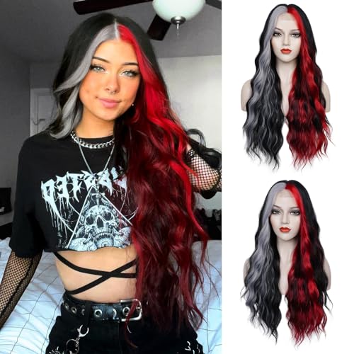 WECAN Black Red Gray Wig 28 Inches Long Black Red Wavy Wigs For Women Synthetic Hair Replacement Wigs Halloween Cosplay Daily Party Heat-Resistant Fiber Wig