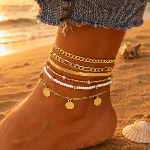 Image of iF YOU Gold Ankle Bracelets for Women, 14k Gold Plated Waterproof Cuban Link Chain Anklets Set, Layered Anklet Bracelets for Women Beach Gift Adjustable Size 5pcs