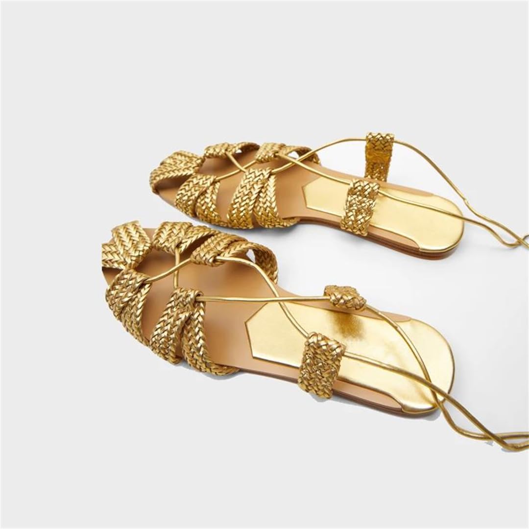 Sandalias bohemias con cordones para mujer, con correa de tobillo, tacón plano, con abertura lateral, tejidas, para vacaciones, informales, de verano