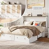 Yoobure Queen Murphy Bed with Charging Station - Rattan Queen Bed Frame with Storage Drawers, Wood Cabinet Beds for Guest Bedroom, Living Room, Office, Farmhouse Hideaway Beds with Foldable Platform