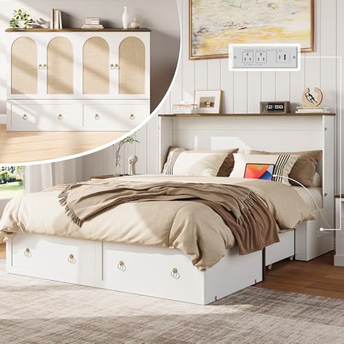 Yoobure Queen Murphy Bed with Charging Station - Rattan Queen Bed Frame with Storage Drawers, Wood Cabinet Beds for Guest Bedroom, Living Room, Office, Farmhouse Hideaway Beds with Foldable Platform