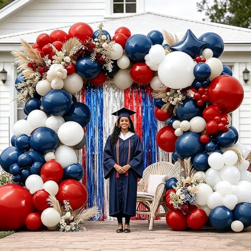 Image of Navy Blue Red Balloon Garland Double Stuffed Red White Blue Balloons Nude Cream Sand Latex Arch Kit for Graduation 4th of July Birthday Baby Shower Patriotic Baseball Party Decorations