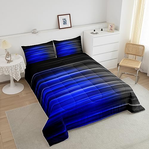 Image of Feelyou Abstract Ombre Bedding Set King Size, Blue and Grey Comforter Set Kids Toddler Geometric Abstract Ombre Comforter Gradient Lines Duvet Set Breathable Bed Set 3Pcs