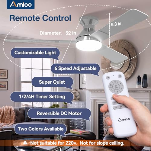 Image of Amico Ceiling Fans with Lights, 52 inch Low Profile Ceiling fan with Light and Remote Control, Flush Mount, Reversible, 3CCT, Dimmable, Noiseless, Nickel Ceiling Fan for Bedroom, Indoor /Outdoor Use