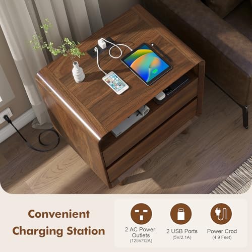 Image of Nasonet Night Stand Set 2 with Charging Station, 23.7'' Wide Mid Century Modern Nightstand with 2 Drawers, Wood Bedside Table with USB Ports for Bedroom, Curved Beveled Design, Walnut
