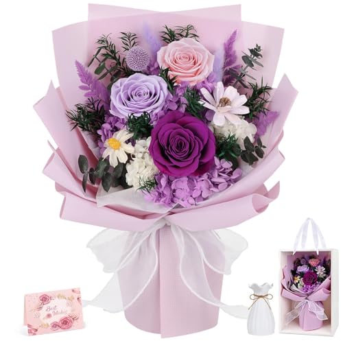 Flowers for Delivery Prime Preserved Flowers Bouquet with Vase That Last 3-5 Years Real Forever Flowers Purple Rose Bouquet for Mom Mother Women Wife Friends Birthday Mothers Day Gifts