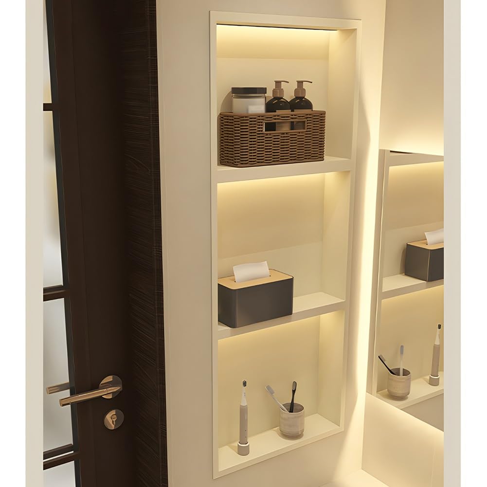 Estante de ducha LED empotrable de 4 niveles, de acero moderno para champú, impermeable, no necesita azulejos (blanco, 320 x 320 x 125 mm)
