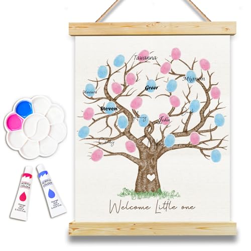 QZCYU Gender Reveal Fingerprint Tree Canvas Guest Books, Baby Shower Decorations, Gender Reveal...