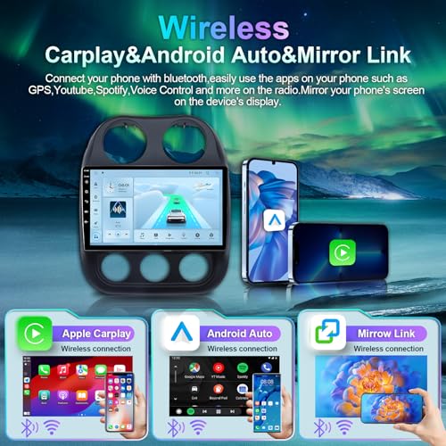 Image of Car Stereo for Jeep Compass 2014 2015 2016,10'' 1280x720P Touchscreen Radio Replacement with Wireless CarPlay and Android Auto Stereo Receivers Car Radio with Bluetooth /GPS /Android 13 /Backup Cam /2+32G