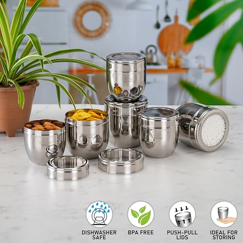 Image of Sumeet Stainless Steel Conical Shape Canisters /Dabba /Storage Containers for Kitchen with See Through Lid, Set of 6 Pcs, (400ml-8.5cm Dia-3Pc & 500ml-9cm Dia-3Pc), Silver