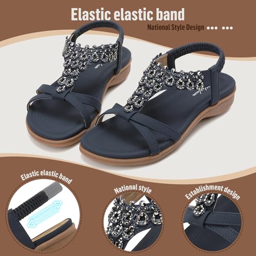 Image of Littleplum Womens Sandals Arch Support Slingback Rhinestone Dressy Sandals Comfort Summer Shoes Ankle Strap Elastic Flats for Beach Walking