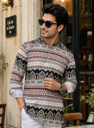 Image of Majestic Man Men's Cotton Regular Fit Short Printed Designer Kurta