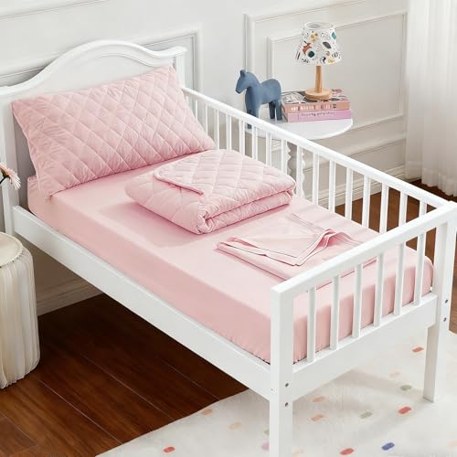 Wowelife Toddler Bedding Set, 4 Piece Toddler Bedding Soft and Breathable Crib Bedding Set, Includes Quilted Comforter, Flat Top Sheet, Fitted Sheet, Envelope Pillow Case for Boys and Girls, Pink