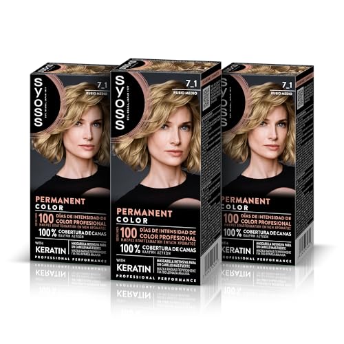 SYOSS Permanent Color 7-1 Rubio Medio, tinte de pelo y mascarilla intensiva con keratina, para una cobertura profesional de canas, color duradero y cuidado intensivo, Pack 3
