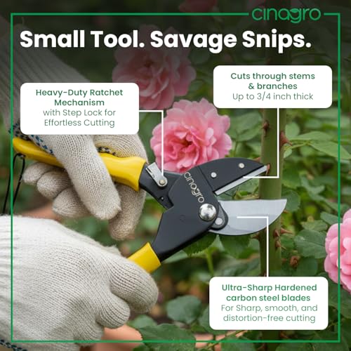 Image of Cinagro 8.5 Inch Anvil Pruner, Ultra Sharp Hardened Steel Blade, Cuts Up to 3 /4 Inch Branches, Garden Hoses or PVC Pipes, Full Metal Body, Anti-Slip Ergonomic Grip, Single-Hand Lever Operation