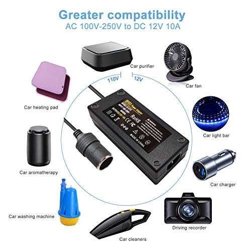 BYGD AC to DC Converter, 100V ~ 240V to 12V 10A 120W, Car Cigarette Lighter Socket AC/DC Power Supply Adapter Transformer for Tire Inflator, Car Refrigerator, Car Vacuum Cleaner, and Other Car Devices - Thumbnail 6