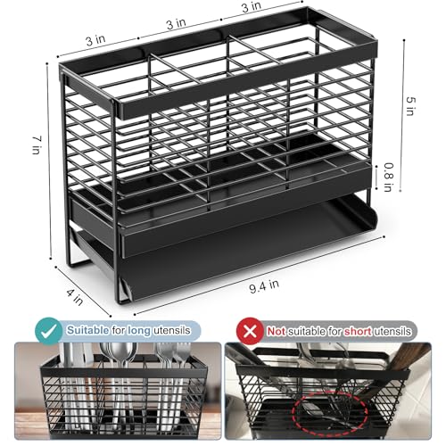 IWNTWY Utensil Holder, Upgrade Stainless Steel Utensil Drying Rack with Automatic Drain Tray for Kitchen Counter, Silverware Cutlery Organizer for Spoons, Forks, Knifes, Chopsticks (Black) - Thumbnail 3