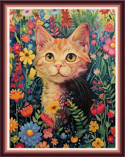 Image of Funxvoot Stamped Cross Stitch Kits for Beginners or Adults Embroidery Starter Patterns | DIY Printed Cross Stitch Kits Needlepoint for Adults -Cat in Flowers 16x20 inch