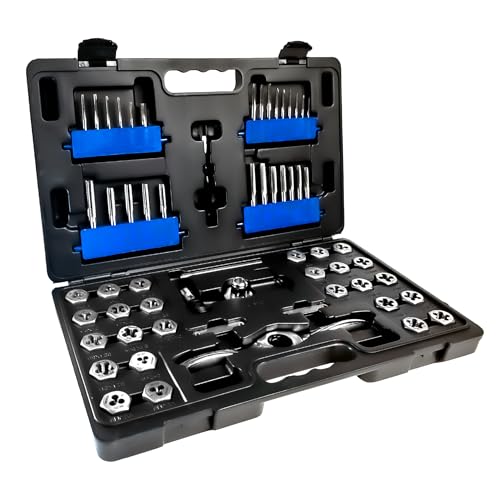 Image of Champion Cutting Tool 62-Piece Tap and Die Set, UNC/UNF, SAE, Metric Sizes with Ratcheting Wrench, High Speed Plug Taps & Hex Dies for Metalworking, Automotive, Construction, Part# CS60P-A