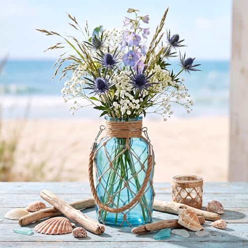 Hushee Coastal Glass Vases for Flowers Summer Flower Vase with Rope Wrapping for Wall Small Sea Glass Jar Nautical Beach Bottle for Wedding Table Centerpieces Floral Arrangement Decor