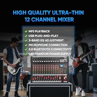 FULUODE 12 Channel Mixer Audio Console, CT-120S Professional Music Mixer DJ Mixing Board with Reverb Bluetooth MP3 Player 48V Phantom Power Supply USB Recording for Studio Karaoke Live Performance