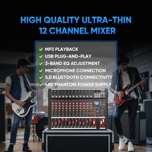 12 Channel Mixer Audio Console, CT-120S Professional Music Mixer DJ Mixing Board with Reverb Bluetooth MP3 Player 48V Phantom Power Supply USB Recording for Studio Karaoke Live Performance