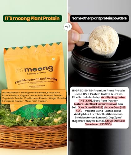 Image of It's Moong Mung Bean & Brown Rice Isolate Plant Protein Powder for Men & Women | 24gms per serve 4.7gms BCAA| Kale Hazelnut Real Vanilla | 500 gms | Sprouted Plant based protein| Plant Protein
