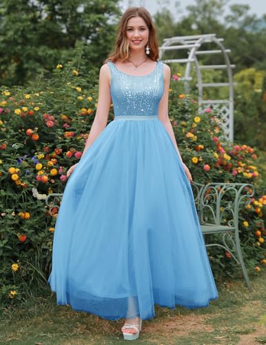 Image of BeryLove Sequin Dress for Woman Vintage A Line Wedding Formal Swing Mesh Dress Sleeveless Cocktail Maxi Gowns