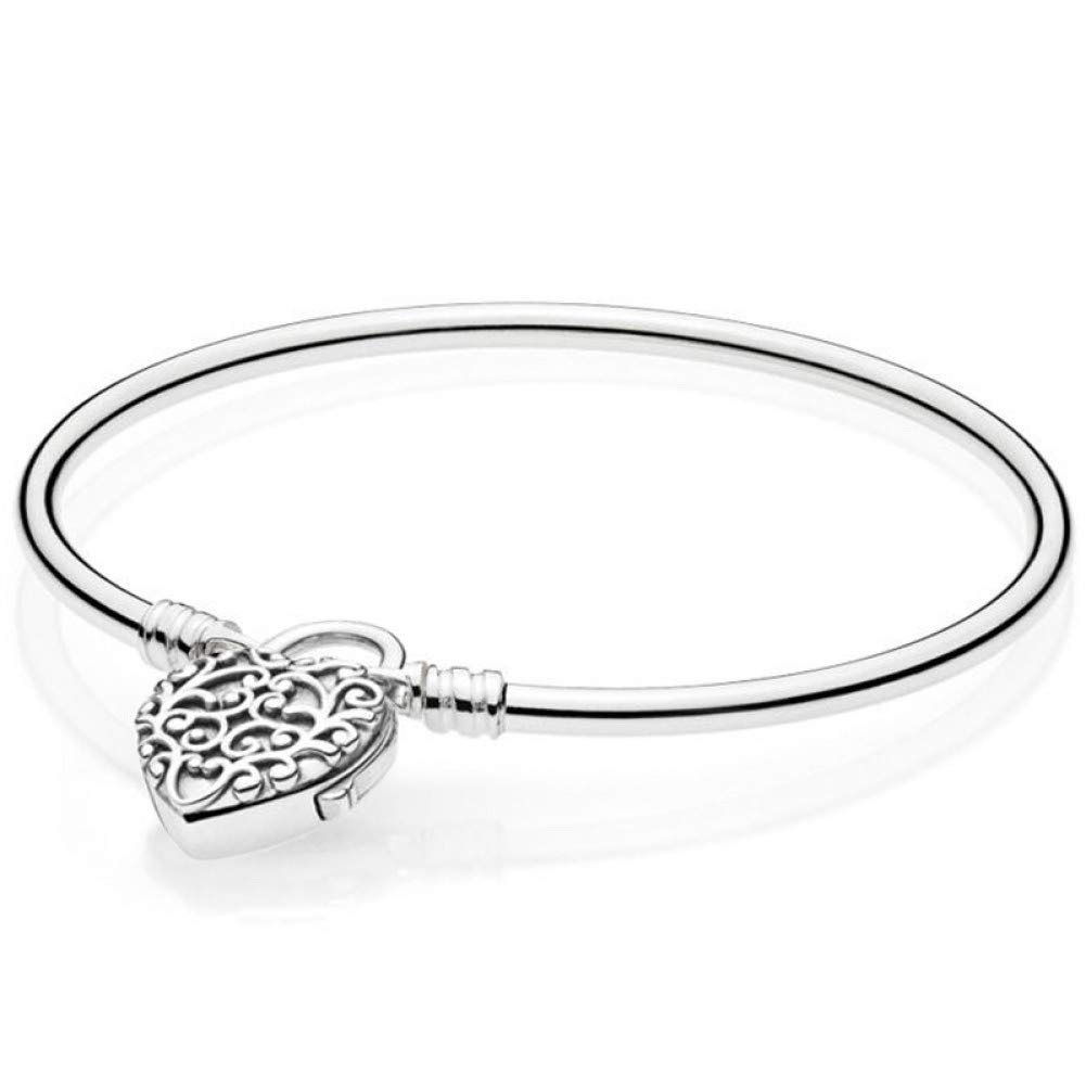 HMKLN Original Sterling Silver Bangle Pan Moments Regal Heart Padlock Clasp Smooth Bracelet Fit Bead Charm Diy Jewelry