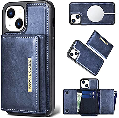 Image of PULOKA Wallet Back Case - Compatible with iPhone 14 Plus - Vegan Leather Phone Cover - Detachable Card Holder Case with Kickstand - Shockproof, Anti Scratch & Raised Edges for Protection - Blue