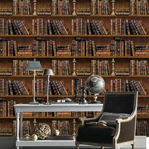 MyFun Faux Vintage Bookshelf Wallpaper Peel and Stick PVC Removable, School Library Antique Bookcase...