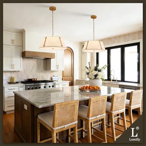 Lumifly Linen Drum Chandelier 18” Modern Fabric Pendant Light Fixture Farmhouse 4-Light Round Hanging Light Linen Shade and Gold Chandelier for Dining Room Foyer Bedroom by Lumifly - Used condition - Image 2