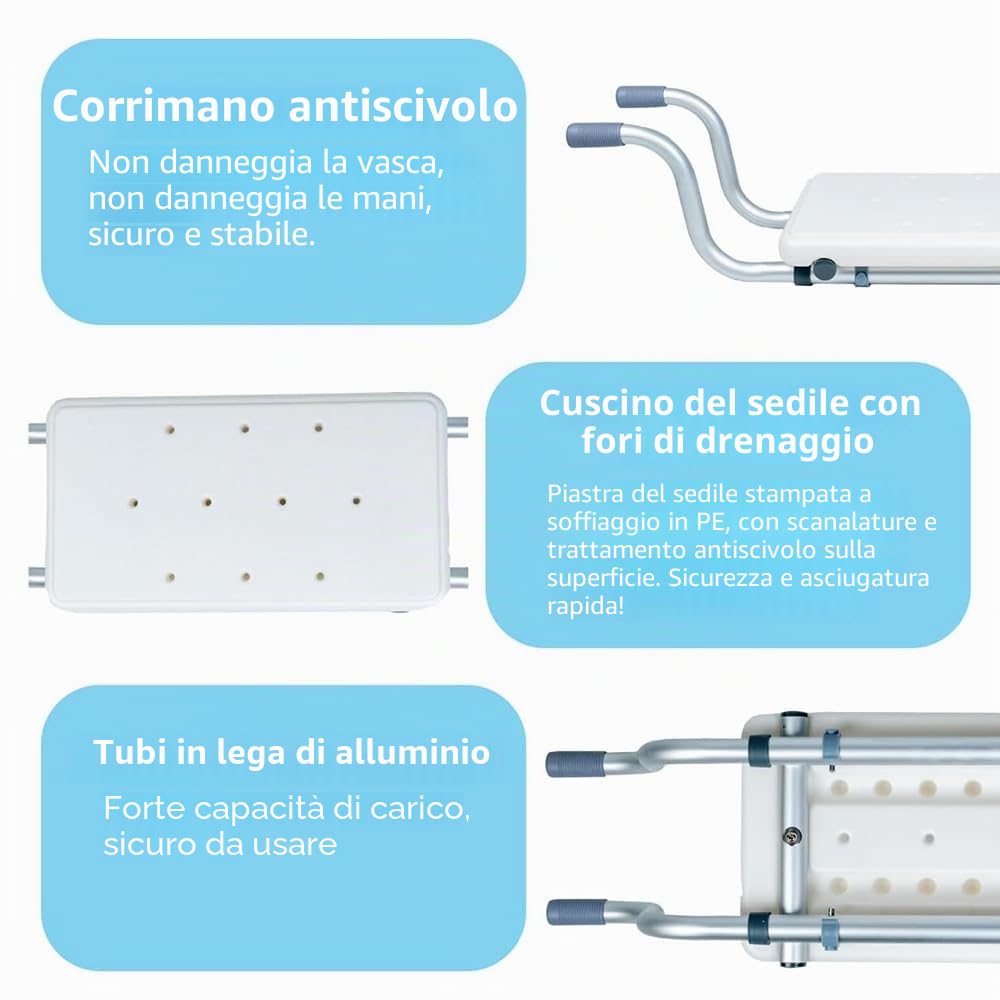 NEWFUN Sedile per Vasca da Bagno,Sedia per Vasca da Bagno per Anziani, Sedile Sospeso in Alluminio Seduta Vasca,Allungabile,con 3 Larghezze Regolabili,per Vasca da Bagno,Portata 136 kg,Bianco