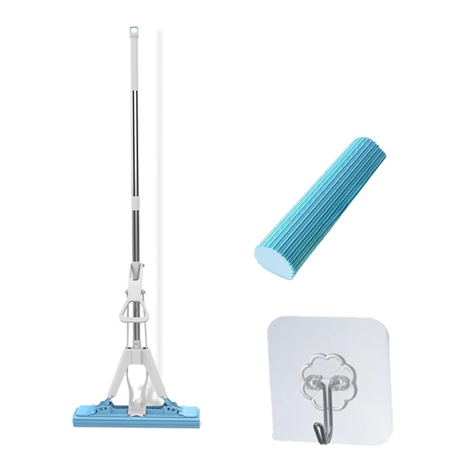 Fregona de algodón Azul autodrenante de Goma exprimible, fregona Plana autolimpiable mágica de Manos Libres, Esponja Reutilizable for Limpieza de Pisos del hogar(Blue - 2 Sponge-Hook)