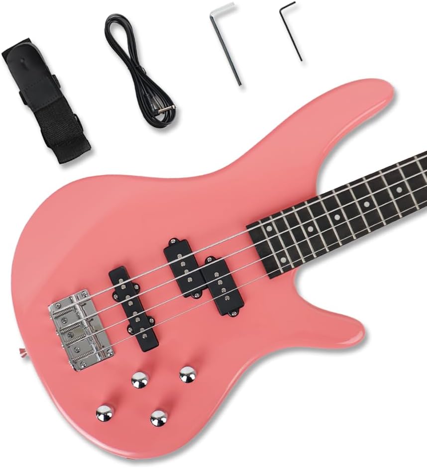 electric bass guitar full size standard 4string PJ bass glossy pink 34inch scale length 24frets maple neck phoenix body fixed bridge 2V 2T control for beginner starter practice party show