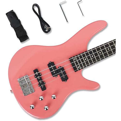 electric bass guitar full size standard 4string PJ bass glossy pink 34inch scale length 24frets maple neck phoenix body fixed bridge 2V 2T control for beginner starter practice party show