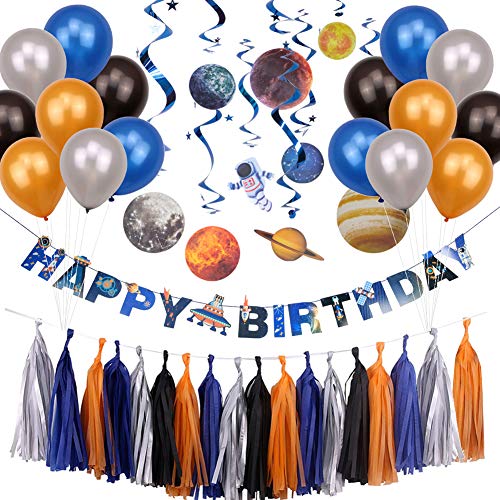 Outer Space Birthday Party Pack, Solar System Hanging Decoration, Foil Swirls Tassel Garlands, Kids Planet Themed Party Supplies, SUNBEAUTY