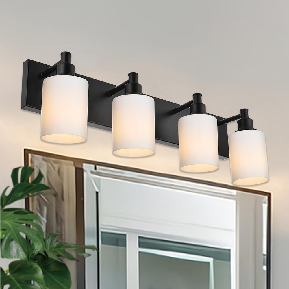 TODOLUZBathroom Light Fixtures in Black, 4-Lights Vanity Lighting Over Mirror with Opal White Glass Shade, E26 Socket Wall Mount Lamp for Living Room Bedroom Hallway