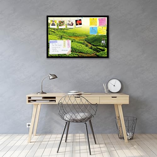 Image of ArtzFolio Tea Plantations, Munnar, Kerala | Bulletin Board Notice Pin Board | Vision Soft Board Combo with Thumb Push Pins & Sticky Notes | Black Frame | 36 x 24 inch (91 x 61 cms)