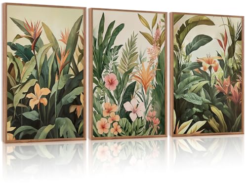 HLNIUC Boho Tropical Leaves Framed Canvas Wall Art,Abstract Flower Wall