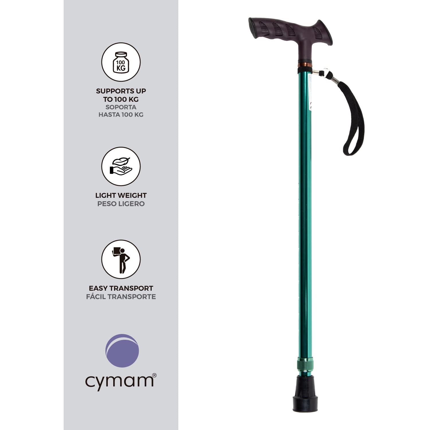 Bastón Ortopédico Regulable en Altura 72-95 cm – Fabricado en Aluminio – Empuñadura Anatómica de Tacto Suave y Ambidiestra con Cinta de Sujeción – Contera Antideslizante 19 mm