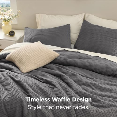 Image of Bedsure Waffle Comforter Set Twin, Soft and Breathable Dark Grey Bedding Comforter Set, 2 Pieces, 1 Waffle Weave Comforter (68 inchx88 inch) and 1 Pillowcases (20 inchx26 inch)