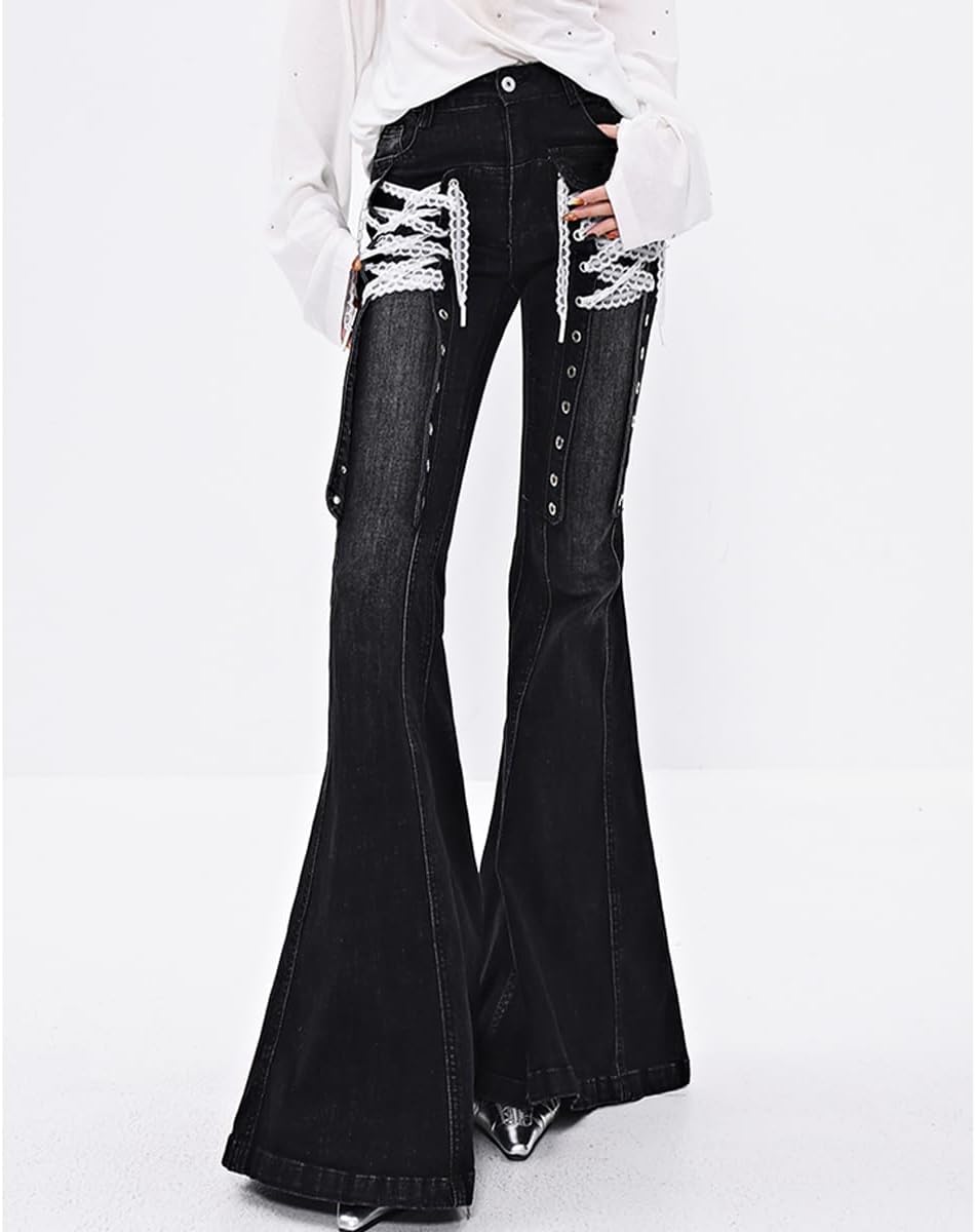 Y2K Harajuku High Waisted Denim Pants for Women Fashion Vintage Lace Drawstring Gradual Bell Bottom Jeans - Image 3